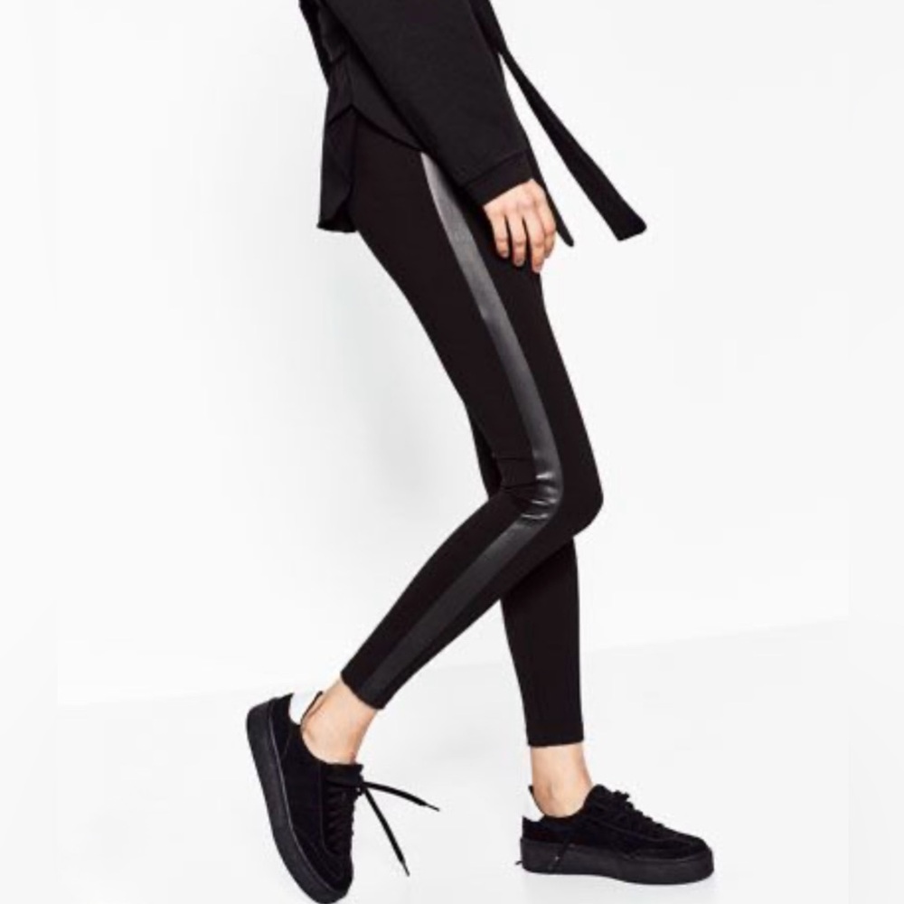 Zara Black Leggings with Side Leather Stripes